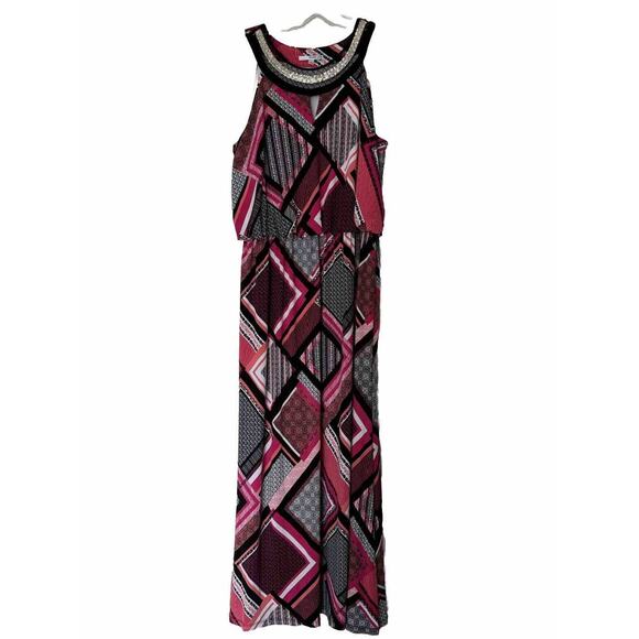 Women’s Liquid Knit Dress Embellished Multicolor Long Sleeveless Geometric Sz L - Picture 1 of 16